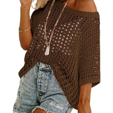 (Dark Brown, Medium) Bluză tricotată pentru femei, model croșetat, cu scobituri, model de plajă