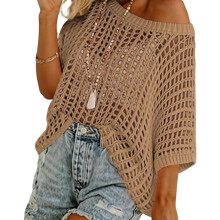 (Khaki, Large) Damen Sommershirt, Scoop Neck, Kurzarm, Crochet, Hohl, Strand, Pullover, Top, Beach, Cover, Casual
