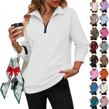 (White, Large) 2026 Damen Half Zip Sweatshirt, V-Ausschnitt, Collar, Loose Fit, Kapuzenpullover, Zip, Hoodie, Mode, Damen