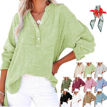 (Light Green, 5X-Large) Dámská nadměrná halenka s knoflíkovým výstřihem, dlouhý rukáv, gáza