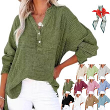 (Green, 3X-Large) Dámská nadměrná halenka s knoflíkovým výstřihem, dlouhý rukáv, gáza