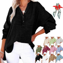 (Black, X-Large) Dámská nadměrná halenka s knoflíkovým výstřihem, dlouhý rukáv, gáza