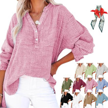 (Pink, 3X-Large) Dámská nadměrná halenka s knoflíkovým výstřihem, dlouhý rukáv, gáza