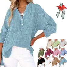 (Light Blue, 3X-Large) Dámská nadměrná halenka s knoflíkovým výstřihem, dlouhý rukáv, gáza