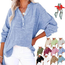 (Blue, X-Large) Bluză supradimensionată pentru femei, cu guler cu nasturi, din material textil cu mânecă lungă