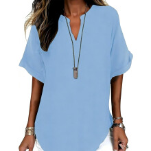 (Light Blue, X-Large) Dámská halenka s krátkým rukávem, ležérní jednobarevný top