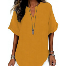 (Yellow, XX-Large) Bluză simplă cu mânecă scurtă pentru femei, top casual în culoare uni