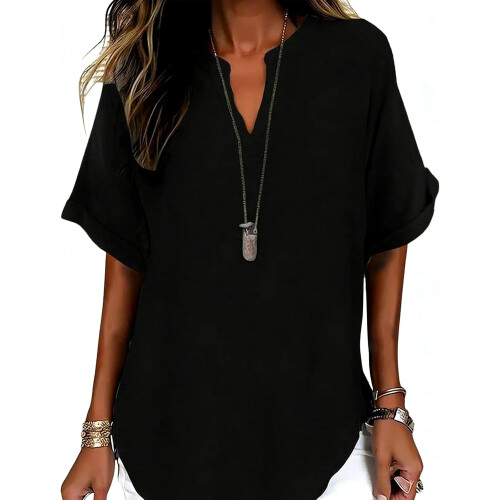 (Black, Medium) Damen Kurzarm Bluse, Einfarbig, Casual, Alltag, Top, Basic, Damen, Mode, Freizeit, Business, Bluse