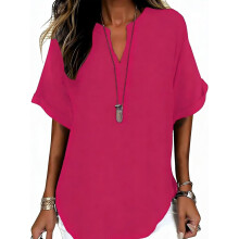 (Red, 4X-Large) Bluză simplă cu mânecă scurtă pentru femei, top casual în culoare uni