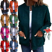 (Blue, Medium) Damen Strickjacke, Rundhals, Reißverschluss, Leicht, Zip-up, Sweater, Mode, Damen, Freizeit, Basic