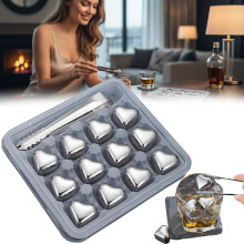 (Sliver-12PCS, -) Herzförmige Edelstahl Eiswürfel, Wiederverwendbar, Getränke, Kühlung, Whiskey, Cocktail, Bar, Party, 1 Set