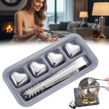 (Sliver-4PCS, -) Herzförmige Edelstahl Eiswürfel, Wiederverwendbar, Getränke, Kühlung, Whiskey, Cocktail, Bar, Party, 1 Set