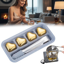 (Gold-4PCS, -) Herzförmige Edelstahl Eiswürfel, Wiederverwendbar, Getränke, Kühlung, Whiskey, Cocktail, Bar, Party, 1 Set