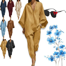 (Gold, Large) Set casual cu decolteu în V, mâneci lejere, model liliac, confort estival
