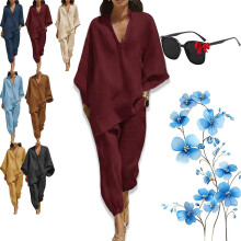 (Red, Small) Set casual cu decolteu în V, mâneci lejere, model liliac, confort estival