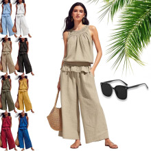 (Khaki, Small) Set de 2 piese din in pentru femei, top fără mâneci cu volane și pantaloni