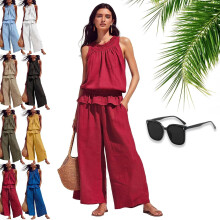 (Red, XX-Large) Set de 2 piese din in pentru femei, top fără mâneci cu volane și pantaloni