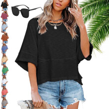 (Black, X-Large) Tricou de vară pentru femei cu mânecă jumătate, model Batwing, guler rotund, 2026