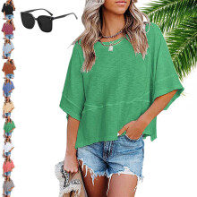 (Green, Large) Tricou de vară pentru femei cu mânecă jumătate, model Batwing, guler rotund, 2026