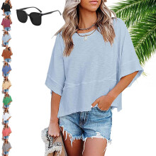 (Light Blue, Medium) Tricou de vară pentru femei cu mânecă jumătate, model Batwing, guler rotund, 2026