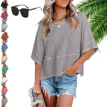 (Grey, Medium) Naisten kesäinen Batwing-t-paita, puolihihainen, pyöreäkauluksinen
