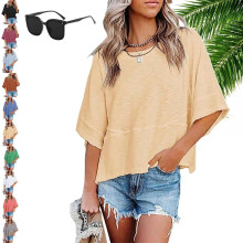 (Beige, Medium) Naisten kesäinen Batwing-t-paita, puolihihainen, pyöreäkauluksinen