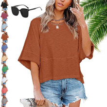 (Brown, Large) Tricou de vară pentru femei cu mânecă jumătate și imprimeu cu imprimeu de liliac, guler rotund