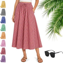 (Bean Paste, XX-Large) Fustă maxi în carouri pentru femei, model boho, cu talie înaltă, linie A