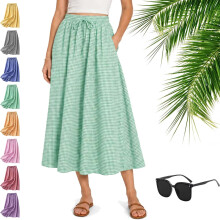 (Green, Large) Fustă maxi în carouri pentru femei, model boho, cu talie înaltă, linie A