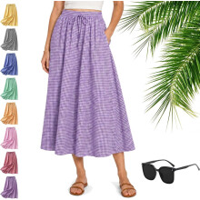 (P2, X-Large) Fustă maxi în carouri pentru femei, model boho, cu talie înaltă, linie A