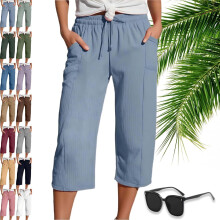 (Light Blue, Large) Pantaloni scurți plisați din bumbac și in pentru femei, Capri