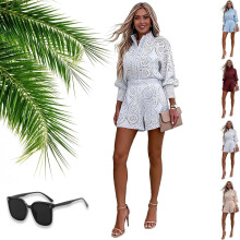 (White, X-Large) Ținută din două piese pentru femei, cu mânecă lungă și pantaloni scurți, cu dantelă și ochiuri