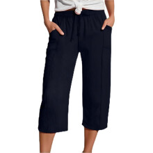 (Black, Medium) Naisten plisseeratut puuvilla-pellavaiset crop-housut, capri