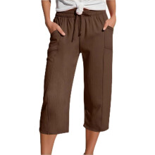 (Coffee, X-Large) Pantaloni scurți plisați din bumbac și in pentru femei, Capri