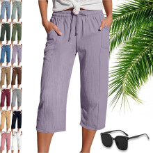 (P2, Small) Pantaloni scurți plisați din bumbac și in pentru femei, Capri
