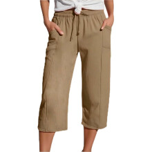 (Khaki, Large) Pantaloni scurți plisați din bumbac și in pentru femei, Capri