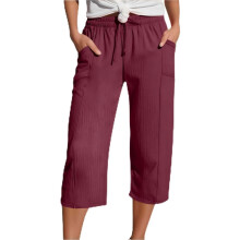 (Burgundy, Large) Pantaloni scurți plisați din bumbac și in pentru femei, Capri