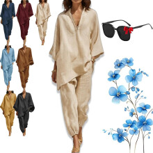 (Beige, Large) Set casual cu decolteu în V, mâneci lejere, model liliac, confort estival