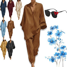 (Brown, Large) Set casual cu decolteu în V, mâneci lejere, model liliac, confort estival