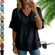 (Black, Large) Tricou cu mânecă scurtă, model vintage, model patchwork, stil casual pentru femei