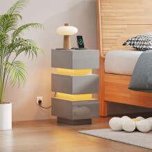 Pantanal 25CM Slim Bedside Table Cabinet Grey with Led Light Charging Station, 3 Drawers Narrow Small Side Table End Table Nightstand with USB Ports &
