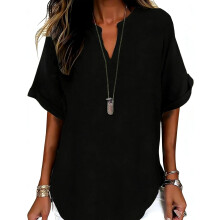 (Black, Medium) Top de damă din in, cu decolteu în V, mânecă scurtă, stil casual la modă