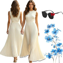 (White, Small) Rochie maxi din șifon tricotat crem de primăvară 2026, elegantă