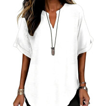 (White, XX-Large) Top de damă din in, cu decolteu în V, mânecă scurtă, stil casual la modă