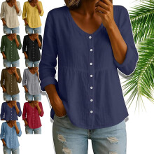 (Navy, 3X-Large Tall) Women's Linen Empire Waist Tops, Button Down Blouses