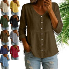 (Coffee, X-Large Tall) Blusa de lino con botones, para mujer