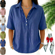 (Blue, X-Large) Women's Cotton Linen Gauze Top, V Neck 3/4 Sleeve