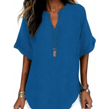 (Blue, XX-Large) Top de damă din in, cu decolteu în V, mânecă scurtă, stil casual la modă