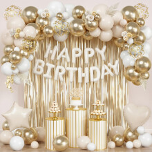 78PCS White and Gold Birthday Decorations-Happy Birthday Decorations With Beige Gold Champane Balloons Latex,Star Heart Foil Balloon,Banner Balloon,C