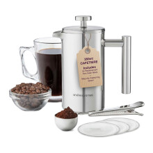 andrew james Double Walled Stainless Steel Cafetiere Gift Set With 3 Mesh Filters, Coffee Measuring Spoon And Bag Sealing Clip